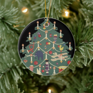 Vintage Christmas Children Around a Decorated Tree Ceramic Tree Decoration