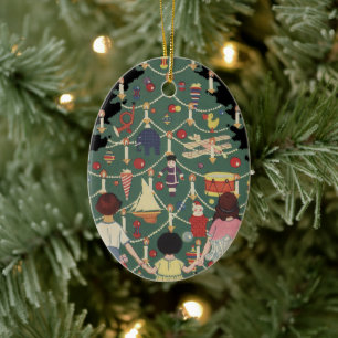 Vintage Christmas Children Around a Decorated Tree Ceramic Tree Decoration