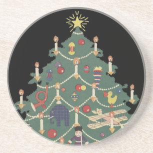 Vintage Christmas Children Around a Decorated Tree Coaster