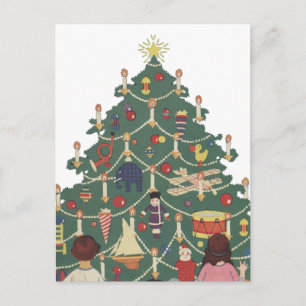 Vintage Christmas Children Around a Decorated Tree Holiday Postcard