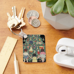 Vintage Christmas Children Around a Decorated Tree Key Ring