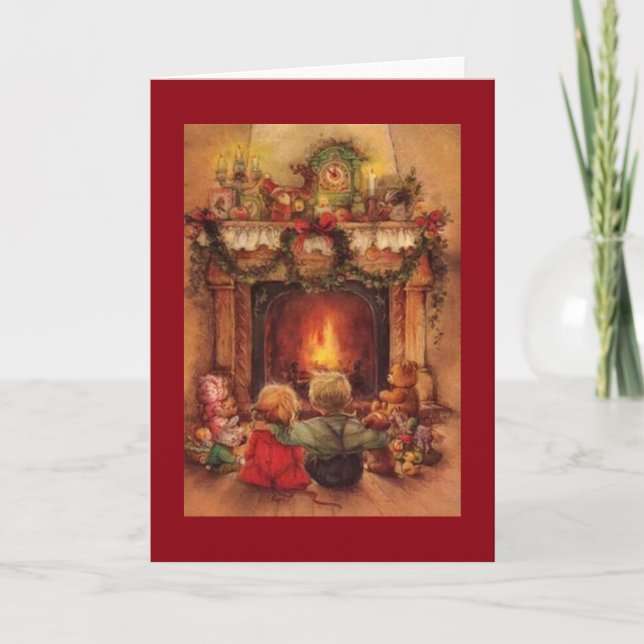 Vintage Christmas Children By The Fire Holiday Card (Front)