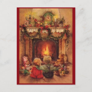 Vintage Christmas Children By The Fire Holiday Postcard