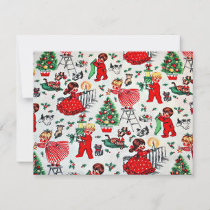 Vintage Christmas Children Decorating Design Holiday Card