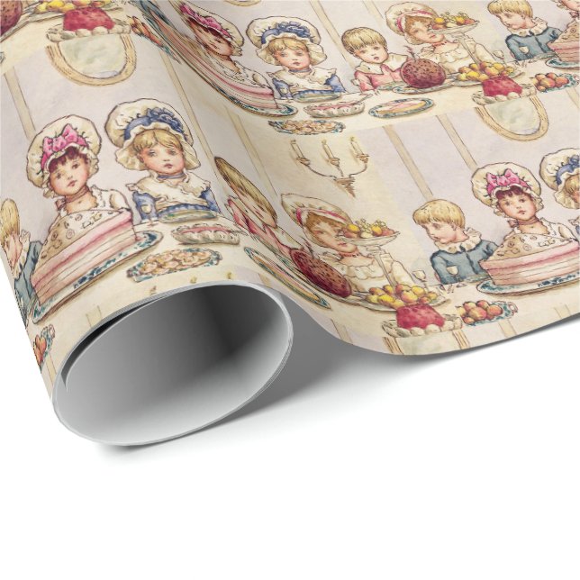 Vintage Christmas Children Dinner - Kate Greenaway Wrapping Paper (Roll Corner)