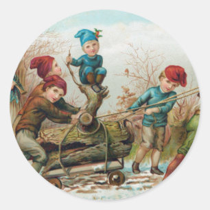 Vintage Christmas Children Elves Classic Round Sticker