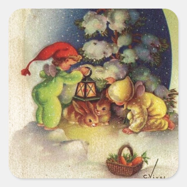 Vintage Christmas Children Feeding Bunnies Square Sticker (Front)