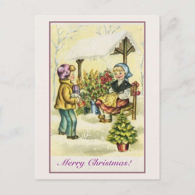 Vintage Christmas children flowers tree Holiday Postcard (Front)