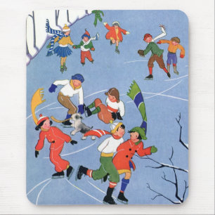 Vintage Christmas, Children Ice Skating on a Lake Mouse Mat