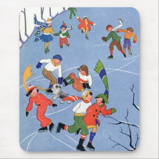 Vintage Christmas, Children Ice Skating on a Lake Mouse Mat