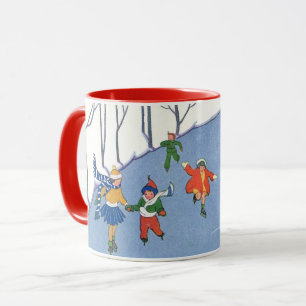 Vintage Christmas, Children Ice Skating on a Lake Mug