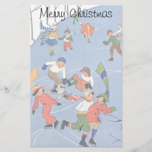 Vintage Christmas, Children Ice Skating on a Lake Stationery