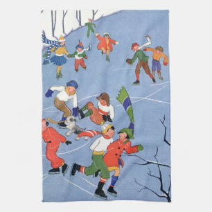 Vintage Christmas, Children Ice Skating on a Lake Tea Towel