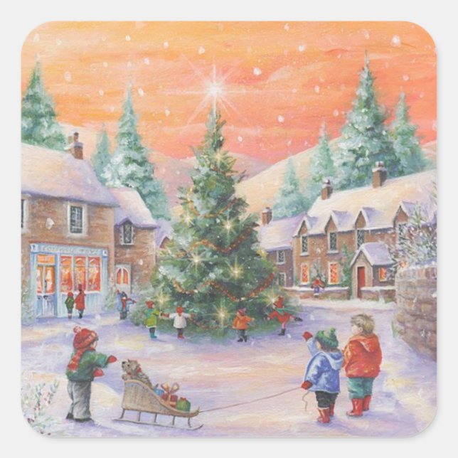 Vintage Christmas Children In The Snow Square Sticker (Front)