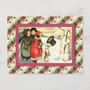 Vintage Christmas, Children meet a real snowman Holiday Postcard