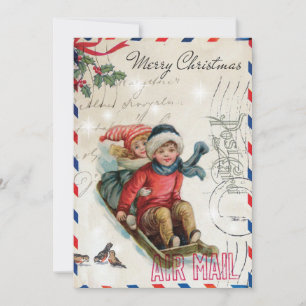 Vintage Christmas Children Riding sled Holiday Card