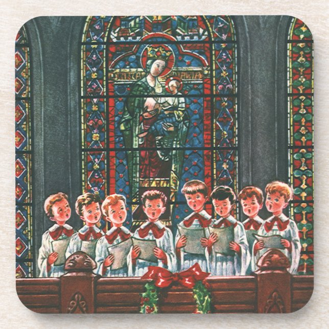 Vintage Christmas Children Singing Choir in Church Coaster (Front)