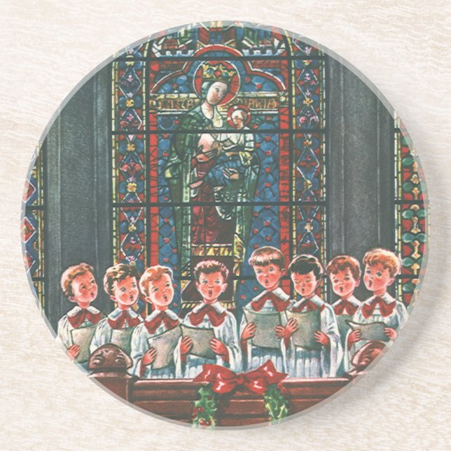 Vintage Christmas Children Singing Choir in Church Coaster (Front)