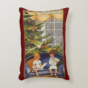 Vintage Christmas, Children Sitting on a Couch Decorative Cushion