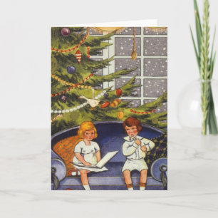 Vintage Christmas, Children Sitting on a Couch Holiday Card