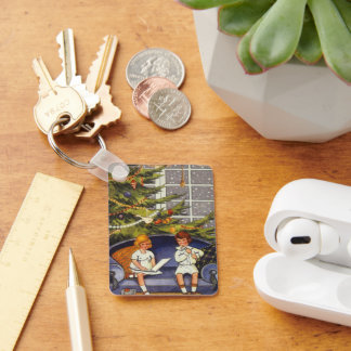 Vintage Christmas, Children Sitting on a Couch Key Ring