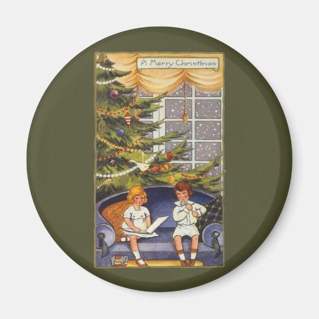Vintage Christmas, Children Sitting on a Couch Magnet (Front)