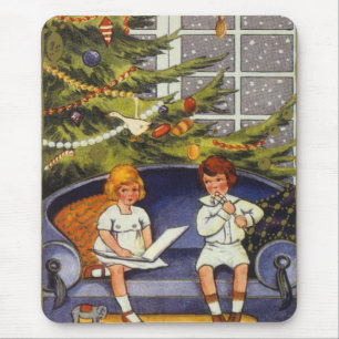 Vintage Christmas, Children Sitting on a Couch Mouse Mat
