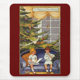 Vintage Christmas, Children Sitting on a Couch Mouse Mat