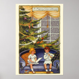 Vintage Christmas, Children Sitting on a Couch Poster