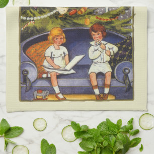 Vintage Christmas, Children Sitting on a Couch Tea Towel