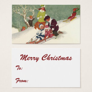 Vintage Christmas, Children Sledding in the Snow