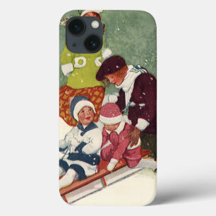 Vintage Christmas, Children Sledding in the Snow iPhone 13 Case