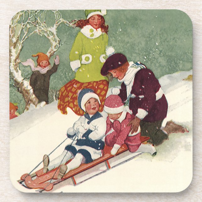 Vintage Christmas, Children Sledding in the Snow Coaster (Front)
