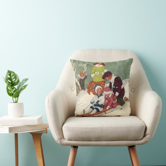 Vintage Christmas, Children Sledding in the Snow Cushion (Chair)