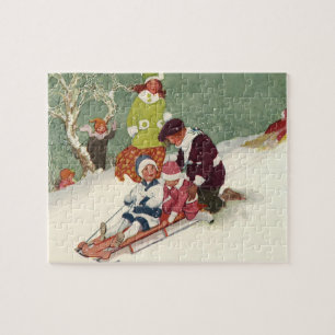 Vintage Christmas, Children Sledding in the Snow Jigsaw Puzzle