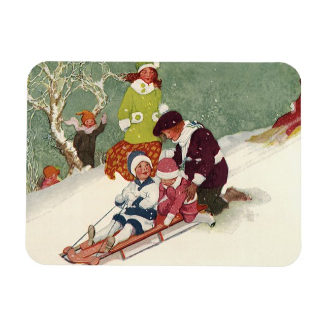 Vintage Christmas, Children Sledding in the Snow Magnet (Horizontal)