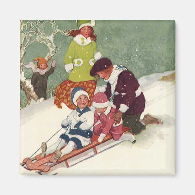 Vintage Christmas, Children Sledding in the Snow Magnet (Front)