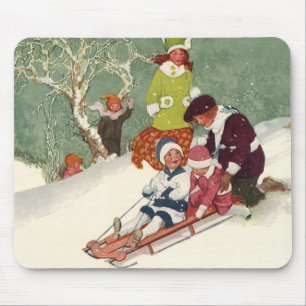 Vintage Christmas, Children Sledding in the Snow Mouse Mat