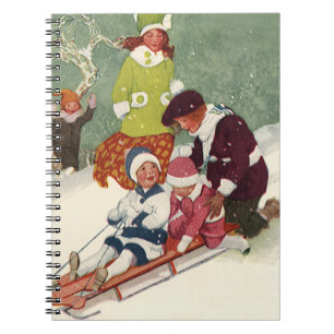 Vintage Christmas, Children Sledding in the Snow Notebook