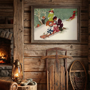 Vintage Christmas, Children Sledding in the Snow Poster