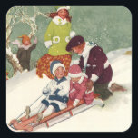 Vintage Christmas, Children Sledding in the Snow Square Sticker<br><div class="desc">Vintage illustration Victorian Merry Christmas holiday image with girls and boys having fun playing in the snow on a sled. They are riding a toboggan down a snow covered hill in winter.</div>