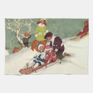 Vintage Christmas, Children Sledding in the Snow Tea Towel