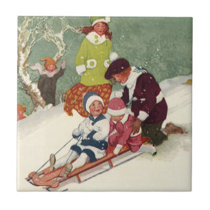 Vintage Christmas, Children Sledding in the Snow Tile