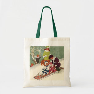 Vintage Christmas, Children Sledding in the Snow Tote Bag
