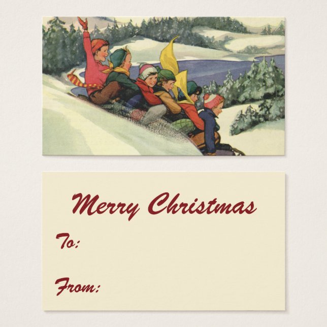 Vintage Christmas, Children Sledding on a Mountain (Front & Back)