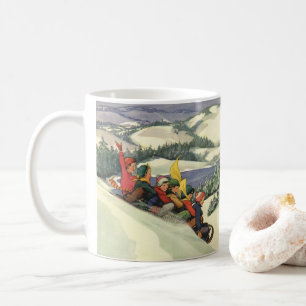 Vintage Christmas, Children Sledding on a Mountain Coffee Mug