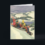 Vintage Christmas, Children Sledding on a Mountain Holiday Card<br><div class="desc">Vintage illustration Christmas holiday snowscape design featuring children,  a group of boys and girls having fun sledding down a snow covered hill. Mountains,  trees and a lake complete this beautiful winter landscape. Reminds me of winters in Donner in Lake Tahoe. Magazine Cover Art,  February 1936.</div>