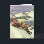 Vintage Christmas, Children Sledding on a Mountain Holiday Card<br><div class="desc">Vintage illustration Merry Christmas holiday snowscape design featuring children,  a group of boys and girls having fun sledding down a snow covered hill. Mountains,  trees and a lake complete this beautiful winter landscape. Reminds me of winters in Donner in Lake Tahoe.</div>