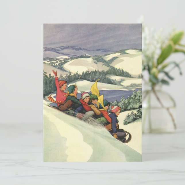 Vintage Christmas, Children Sledding on a Mountain Invitation (Standing Front)