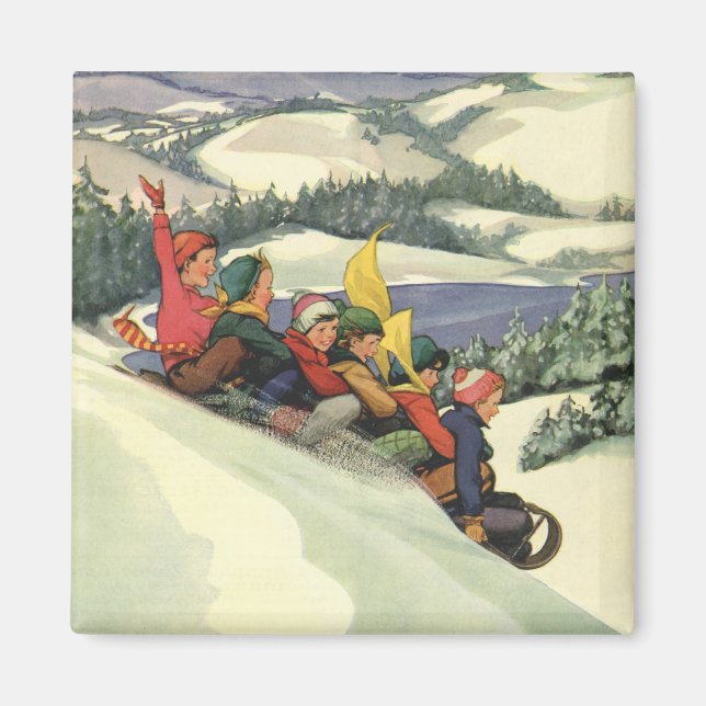Vintage Christmas, Children Sledding on a Mountain Magnet (Front)